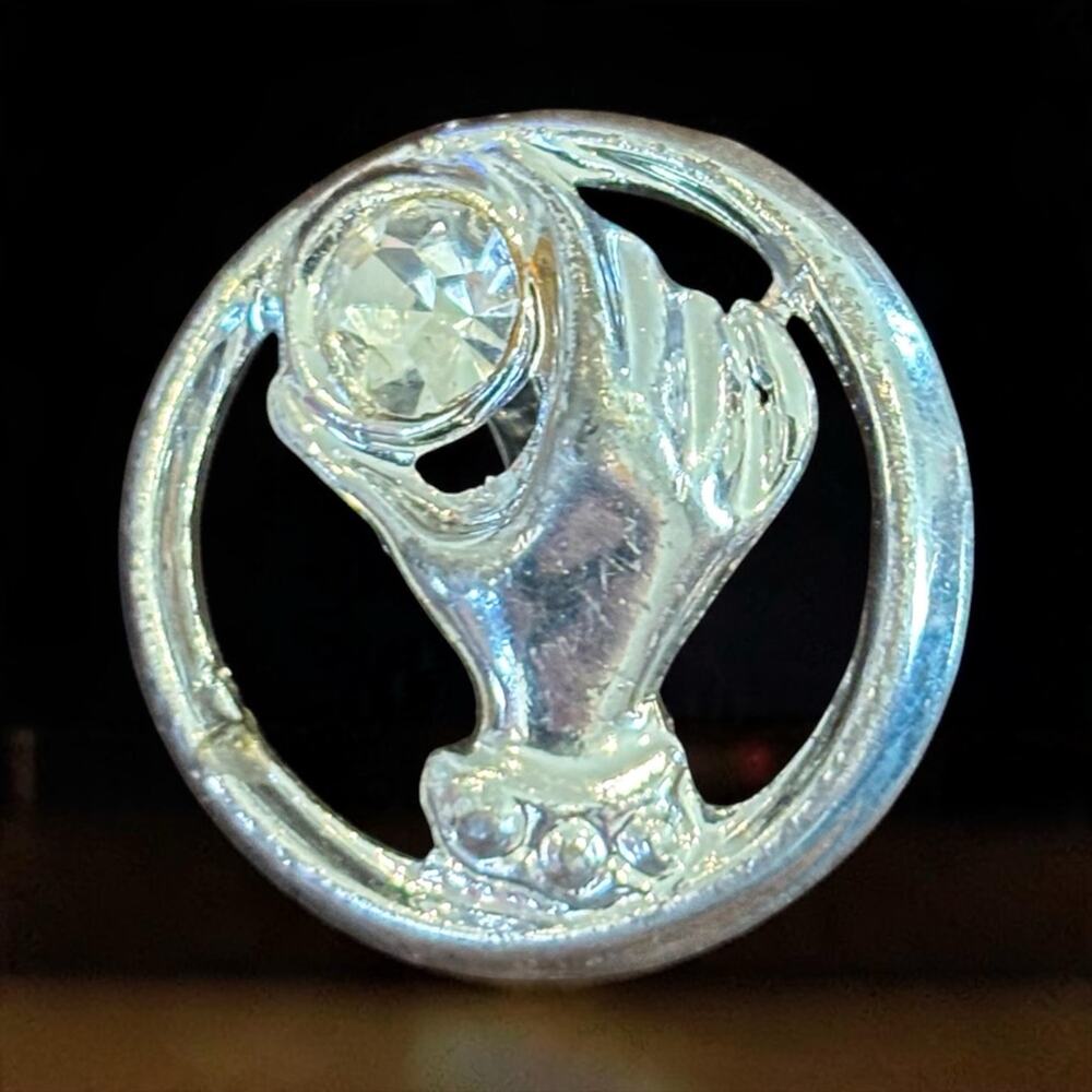 Hand Holding Crystal Brooch Silver Tone Rhinestone Circle Vintage Figural Pin